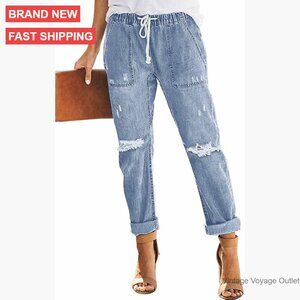 Distressed Denim Joggers with Elastic Waist, Pull-On Stretch Jeans